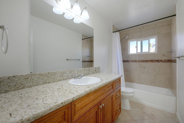 full bathroom with toilet, vanity, tile patterned flooring, and shower / bathtub combination with curtain