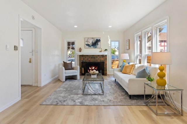 living room with hardwood / wood-style flooring and a fireplace