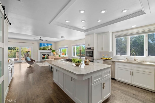 kitchen with sink, white cabinetry, appliances with stainless steel finishes, and a raised ceiling