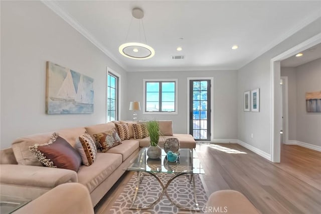 living room featuring crown molding and hardwood / wood-style floors