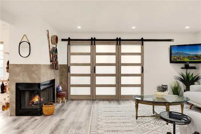 living room with a multi sided fireplace and light hardwood / wood-style flooring