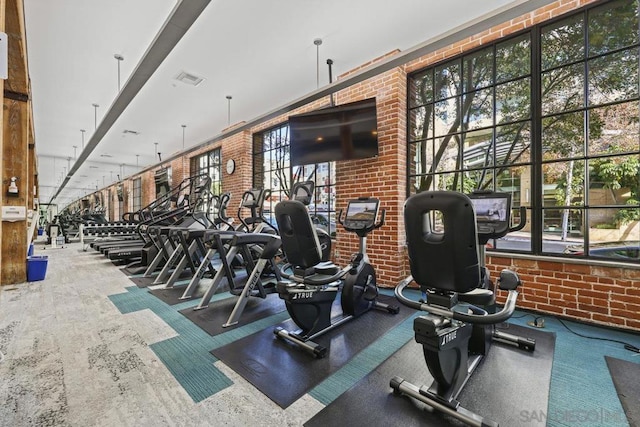 exercise room with plenty of natural light and brick wall