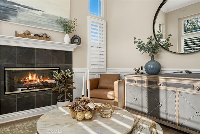 sitting room featuring hardwood / wood-style flooring, a wealth of natural light, and a fireplace