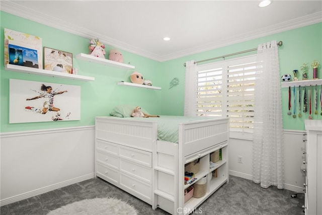 carpeted bedroom featuring crown molding