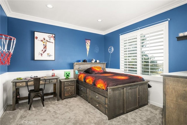 bedroom featuring light colored carpet and crown molding