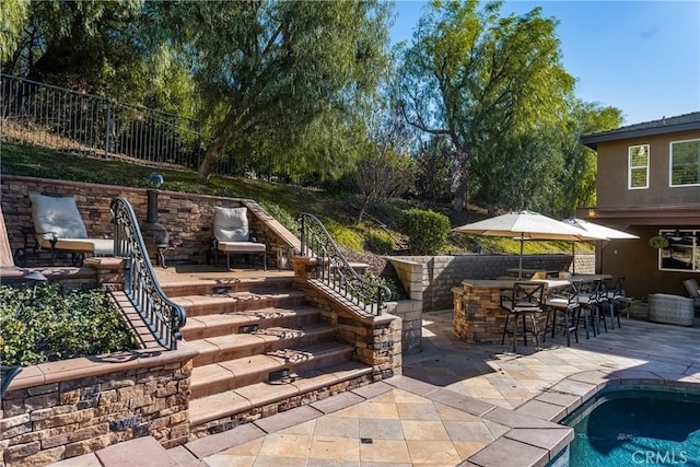 view of patio / terrace with exterior bar and a fenced in pool