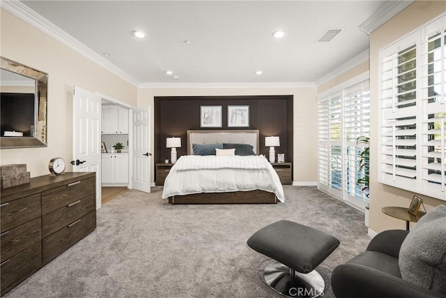 bedroom with access to exterior, ornamental molding, and light carpet