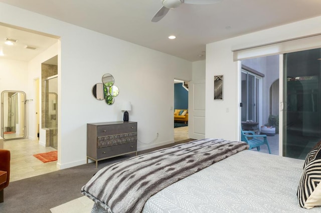 carpeted bedroom with ceiling fan, ensuite bathroom, and access to outside