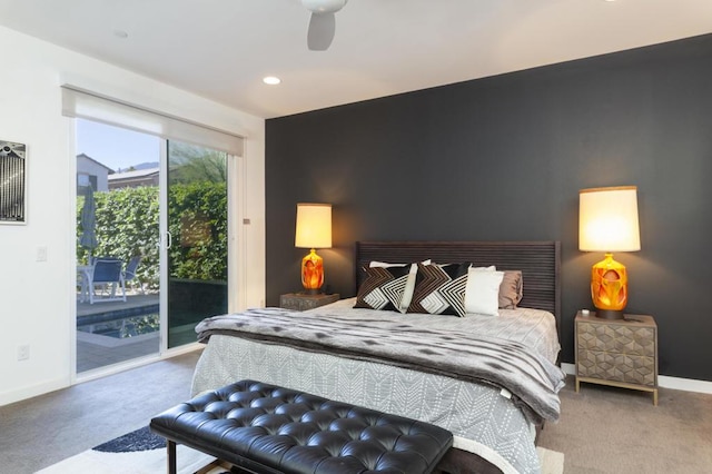 carpeted bedroom featuring ceiling fan and access to outside