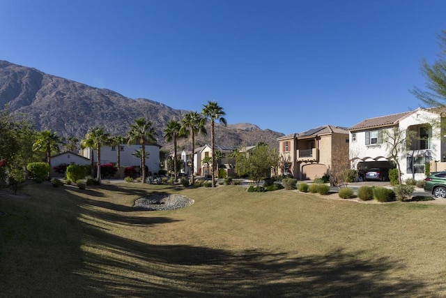 view of property's community featuring a lawn and a mountain view