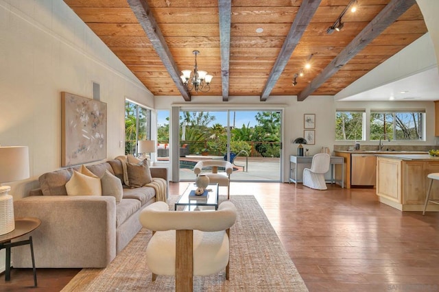 living room featuring light wood-type flooring, lofted ceiling with beams, wood ceiling, and a notable chandelier