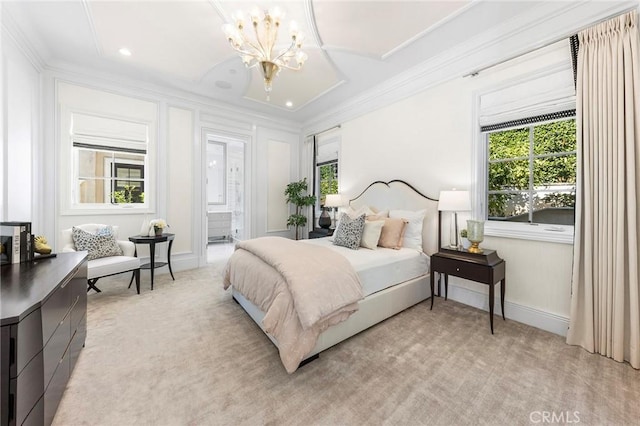 carpeted bedroom featuring an inviting chandelier, crown molding, and connected bathroom