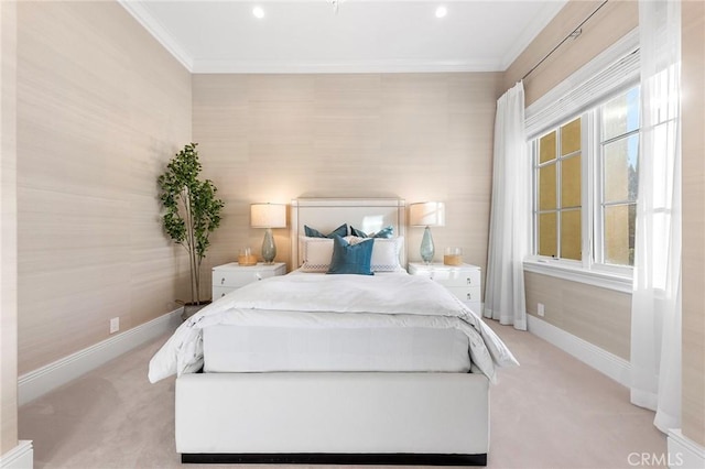 carpeted bedroom with multiple windows and crown molding