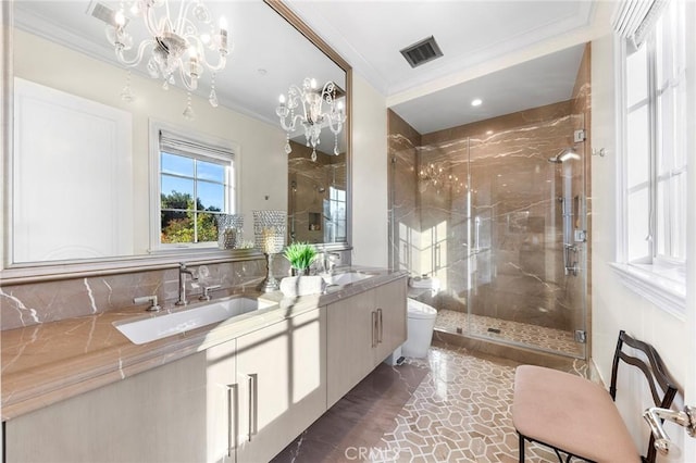 bathroom with toilet, an enclosed shower, a chandelier, crown molding, and vanity