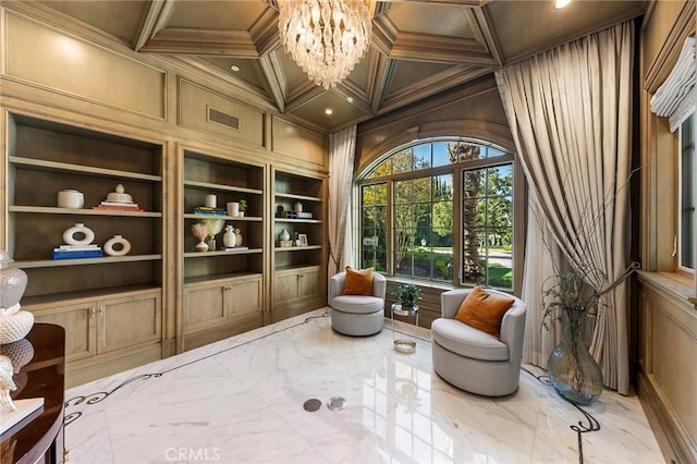 living area with a notable chandelier, wooden walls, crown molding, coffered ceiling, and built in features