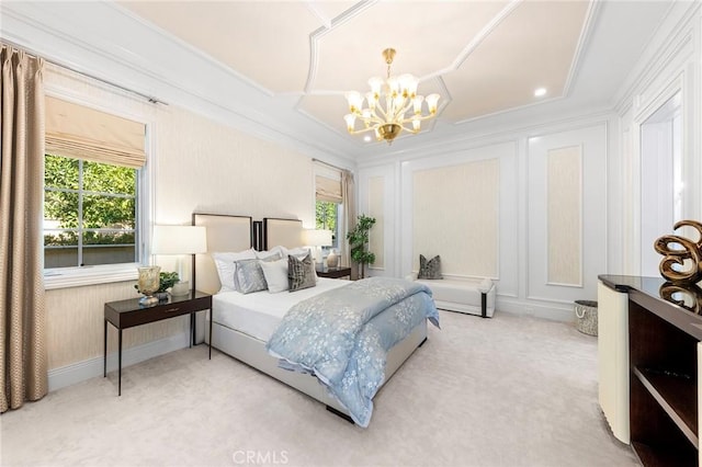 bedroom with ornamental molding, light colored carpet, and a notable chandelier