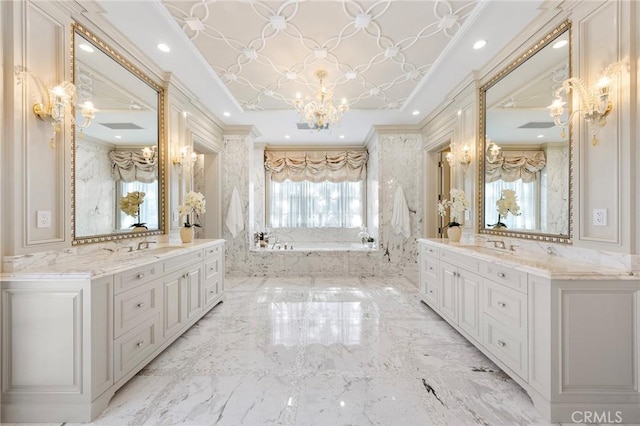 bathroom featuring vanity, an inviting chandelier, crown molding, and a bath