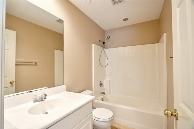 full bathroom with toilet, vanity, and bathing tub / shower combination