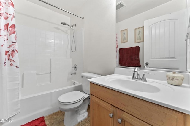 full bathroom with shower / tub combo, vanity, and toilet