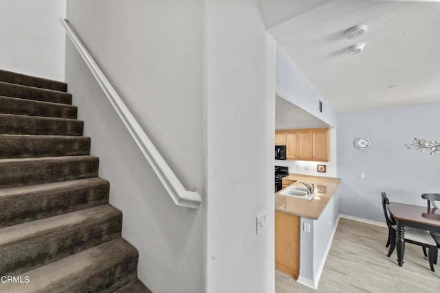 stairway featuring vaulted ceiling, wood-type flooring, and sink