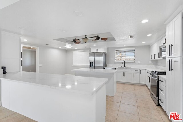 kitchen with a raised ceiling, white cabinets, light stone countertops, and stainless steel appliances