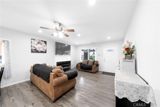 living room featuring ceiling fan and wood-type flooring