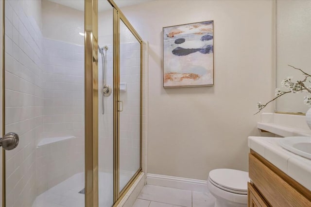 bathroom with walk in shower, tile patterned flooring, vanity, and toilet