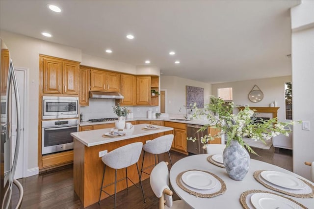 kitchen featuring tasteful backsplash, a kitchen island, dark hardwood / wood-style flooring, appliances with stainless steel finishes, and sink