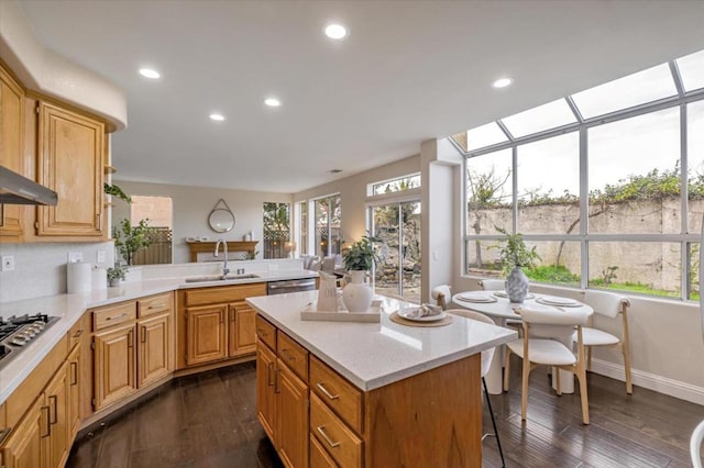 kitchen with stainless steel appliances, kitchen peninsula, a kitchen bar, dark hardwood / wood-style floors, and sink