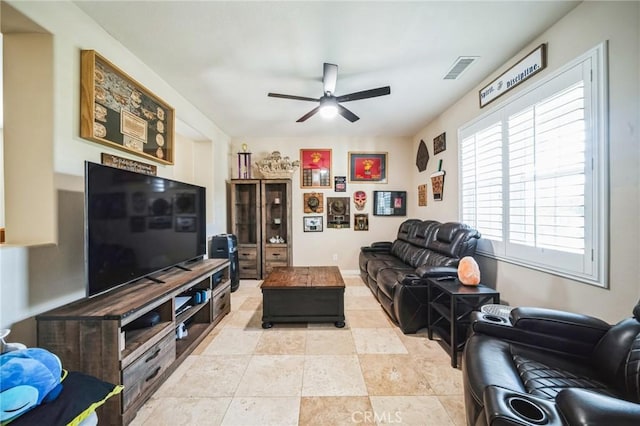 living room with ceiling fan