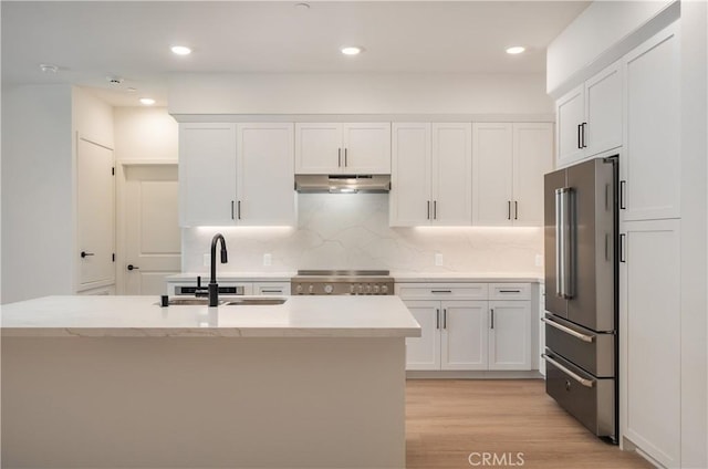 414 Main St Unit 310, Huntington Beach, CA 92647 - kitchen featuring appliances with stainless steel finishes, under cabinet range hood, white cabinets, light wood finished floors, and tasteful backsplash