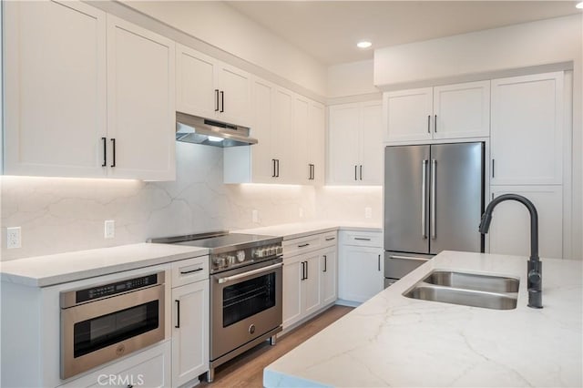 414 Main St Unit 310, Huntington Beach, CA 92647 - kitchen with high end appliances, under cabinet range hood, a sink, light stone countertops, and white cabinetry