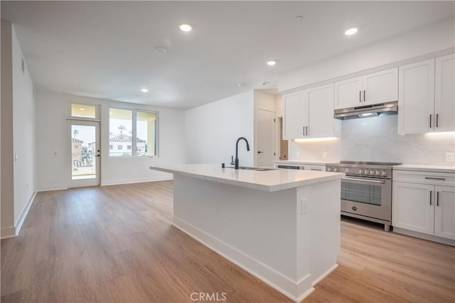 414 Main St Unit 310, Huntington Beach, CA 92647 - kitchen featuring stainless steel stove, a sink, under cabinet range hood, white cabinetry, and light countertops