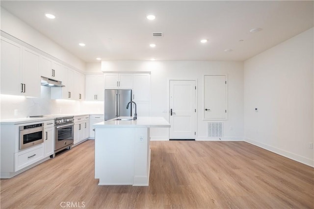 414 Main St Unit 310, Huntington Beach, CA 92647 - kitchen featuring appliances with stainless steel finishes, under cabinet range hood, white cabinetry, light wood-style floors, and recessed lighting