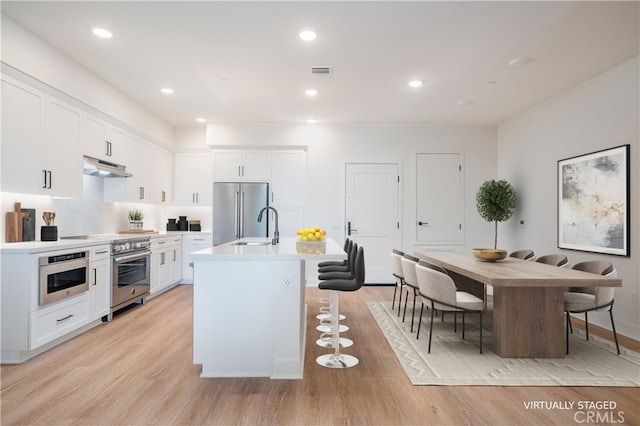 414 Main St Unit 310, Huntington Beach, CA 92647 - kitchen featuring high quality appliances, under cabinet range hood, a breakfast bar area, a sink, and an island with sink