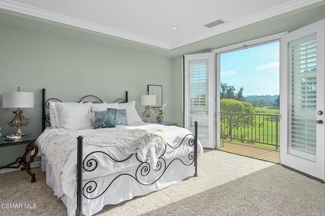 bedroom featuring ornamental molding and access to outside