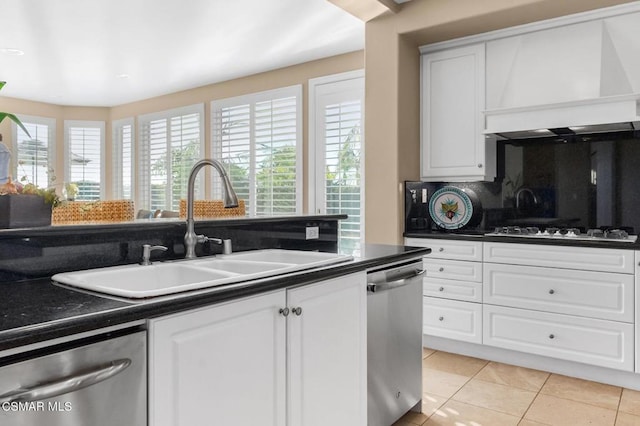 kitchen with dishwasher, tasteful backsplash, and white cabinetry