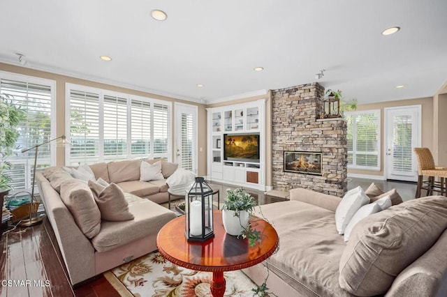 living room with crown molding, a fireplace, and wood-type flooring