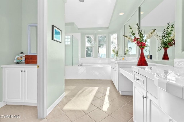 bathroom with separate shower and tub, tile patterned floors, and vanity