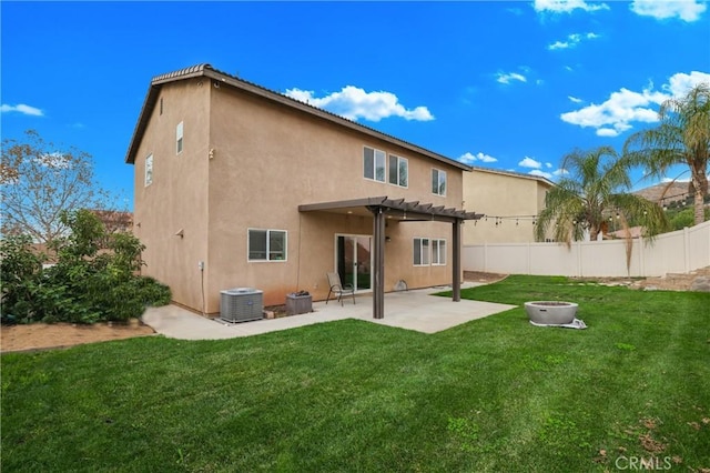 rear view of house featuring cooling unit, a yard, a pergola, and a patio area