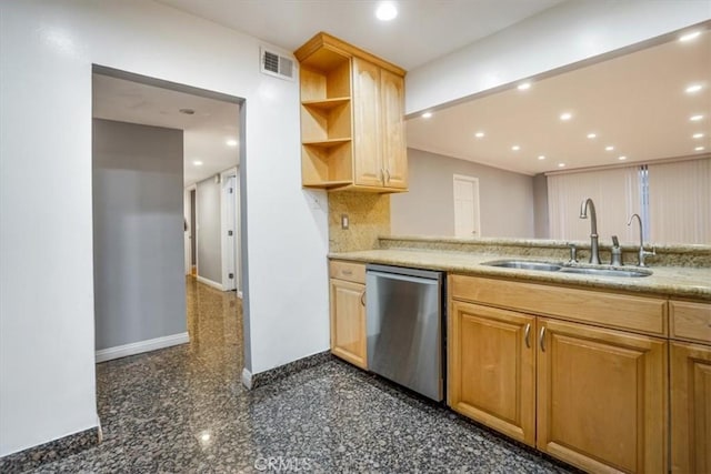 kitchen featuring sink, backsplash, stainless steel dishwasher, and light brown cabinetry