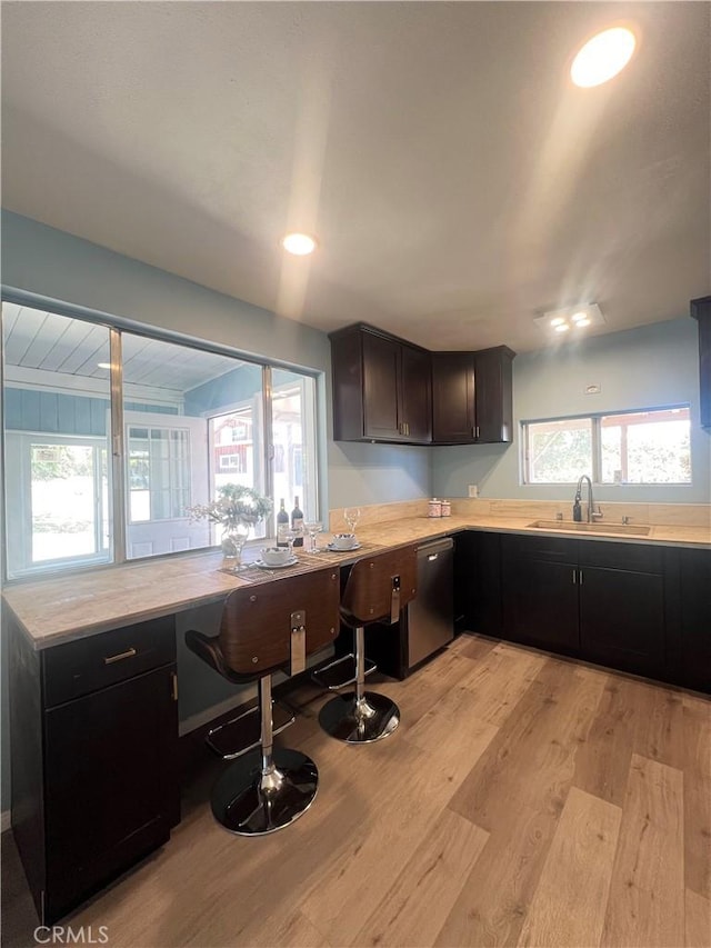 kitchen featuring light wood-type flooring, dishwasher, sink, and plenty of natural light