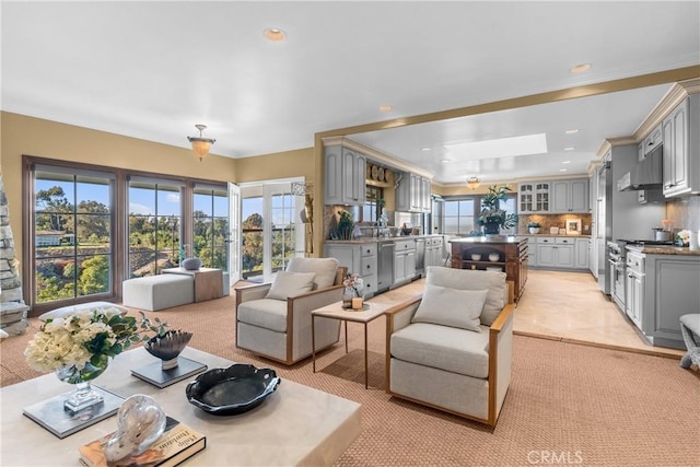 living room with a skylight and sink