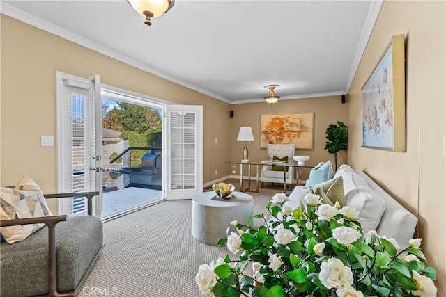 living room with carpet flooring, crown molding, and french doors