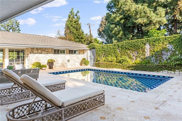 view of pool with a patio area and a fire pit