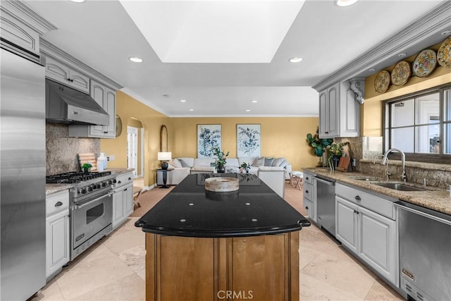 kitchen featuring high end appliances, gray cabinets, a skylight, and sink