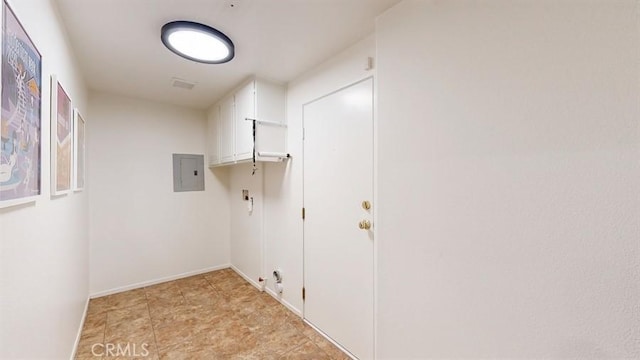 laundry area featuring laundry area, hookup for a washing machine, electric panel, and baseboards