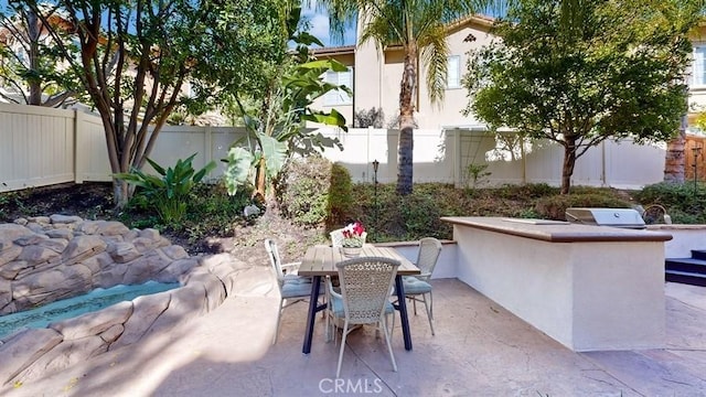 view of patio featuring exterior kitchen, outdoor dining area, a fenced backyard, and grilling area