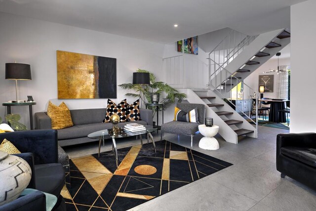 living room with concrete floors