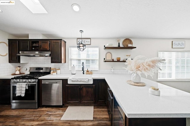 kitchen with dark brown cabinetry, sink, decorative light fixtures, dark hardwood / wood-style floors, and stainless steel appliances